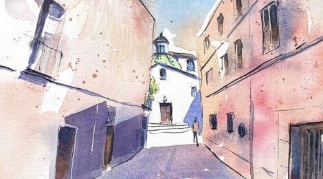 Aquarel·la mostrant el carrer d'entrada al Fossar Xic de Mataró.