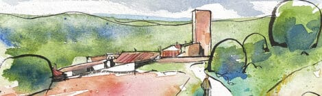 Aquarel·la amb una panoràmica de Glorieta amb la torre del castell.