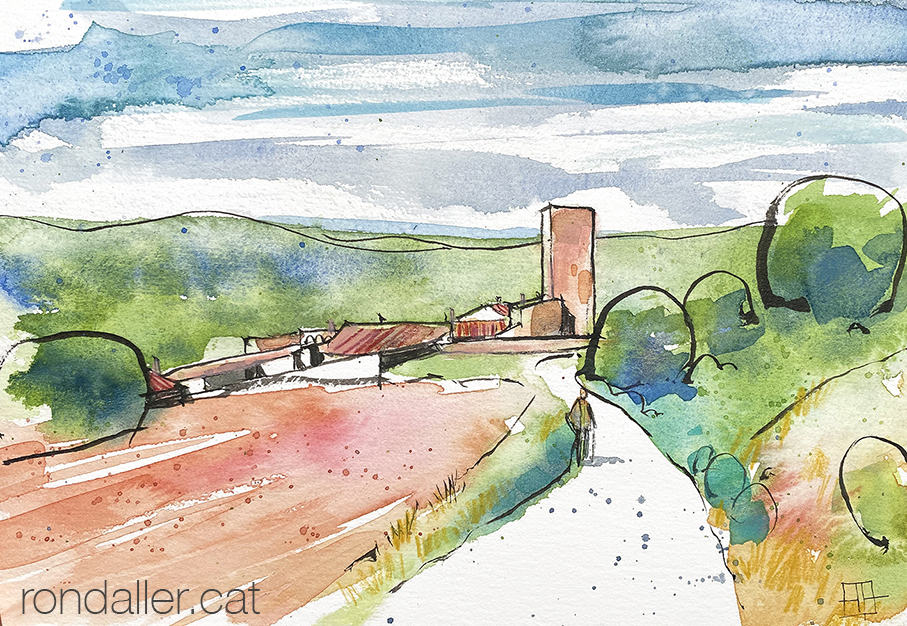 Aquarel·la amb una panoràmica de Glorieta amb la torre del castell.