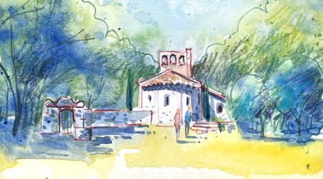 Aquarel·la amb una vista de l'ermita de Santa Justa i Santa Rufina.
