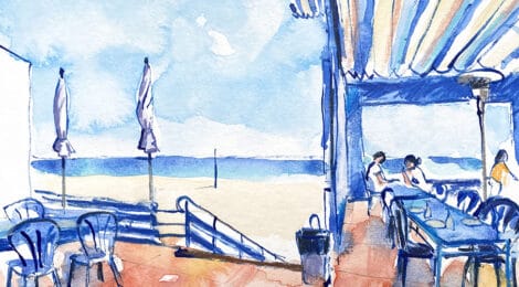 Aquarel·la amb una vista de la terrassa exterior amb gent dinant.
