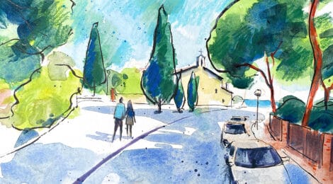 Aquarel·la amb una vista de l'ermita de Sant Cristòfol de Vilanova i la Geltrú.
