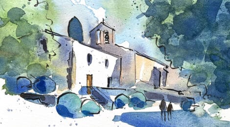 Aquarel·la amb una vista de l'església de Sant Miquel de Mata als afores de Mataró.