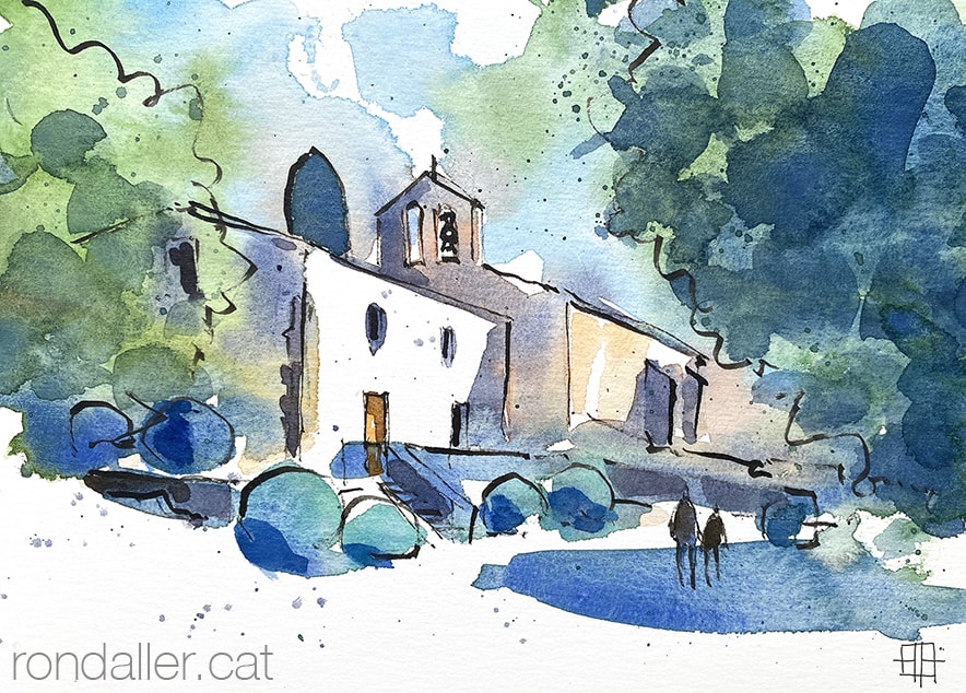 Aquarel·la amb una vista de l'església de Sant Miquel de Mata als afores de Mataró.