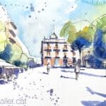 Aquarel·la amb una vista de la plaça dels Porcs de Granollers.