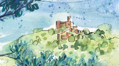 Aquarel·la amb una panoràmica de la serra d'Albera amb la fortificació.