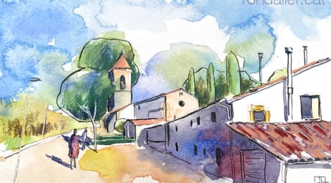 Aquarel·la amb una vista de l'església de Sant Martí de Riudeperes.