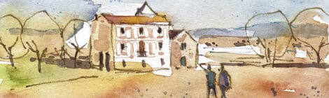 Aquarel·la amb una panoràmica de la casa rectora i la capella romànica.