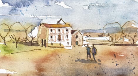 Aquarel·la amb una panoràmica de la casa rectora i la capella romànica.