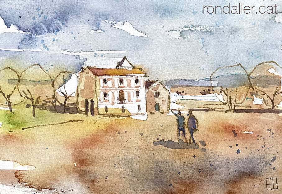 Aquarel·la amb una panoràmica de la casa rectora i la capella romànica.