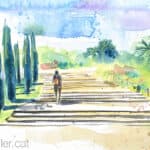 Aquarel·la amb una vista de les escalinates del jardí.