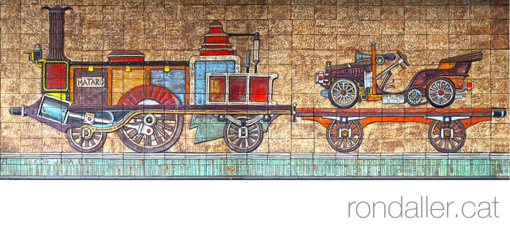 Mataró i el tren. Mural ceràmic en una benzinera de Mataró fet per Joan Rifà.