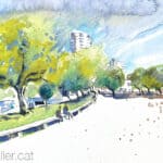 Aquarel·la amb una panoràmica del passeig del Callao de Mataró.