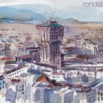 Aquarel·la amb una panoràmica de Milà amb la Torre Velasca.