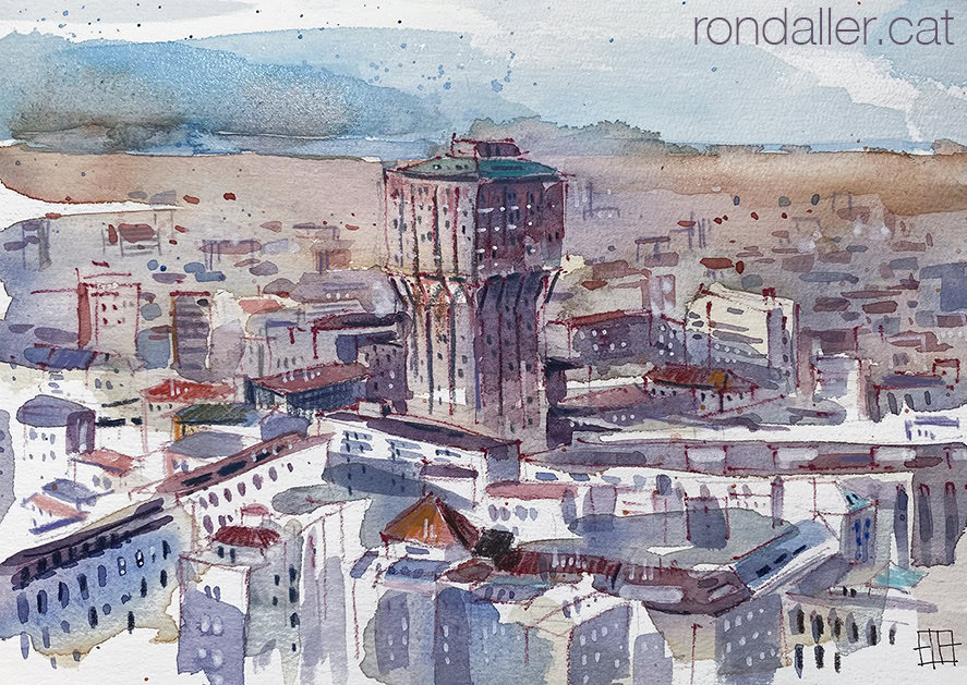 Aquarel·la amb una panoràmica de Milà amb la Torre Velasca.