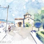 Aquarel·la amb una vista de l'església de Sant Ramon al Pla de Santa Maria.