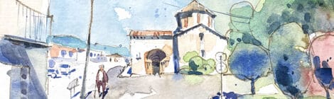 Aquarel·la amb una vista de l'església de Sant Ramon al Pla de Santa Maria.