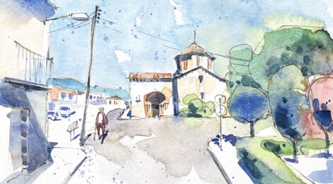 Aquarel·la amb una vista de l'església de Sant Ramon al Pla de Santa Maria.