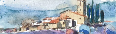 Aquarel·la amb una panoràmica de l'església de Santa Maria de Lluçà.