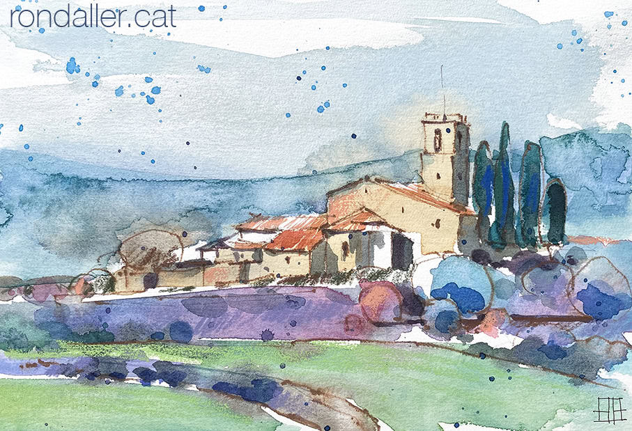 Aquarel·la amb una panoràmica de l'església de Santa Maria de Lluçà.