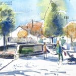 Aquarel·la amb una vista de la plaça del Camp de Solsona.