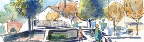 Aquarel·la amb una vista de la plaça del Camp de Solsona.