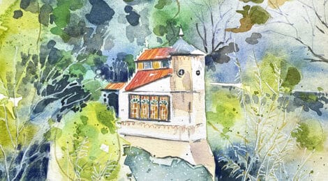 aquarel·la amb una vista de la capella de Montserrat de Sant Quirze de Besora.