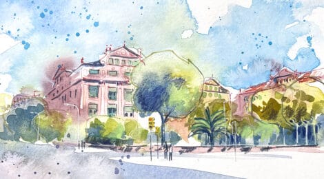 Aquarel·la de les escoles Pere Vila de Barcelona.