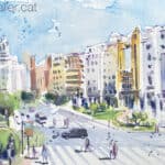 Edificis art-déco de València. Aquarel·la amb una vista de la plaça de l'Ajuntament.