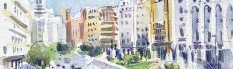 Edificis art-déco de València. Aquarel·la amb una vista de la plaça de l'Ajuntament.