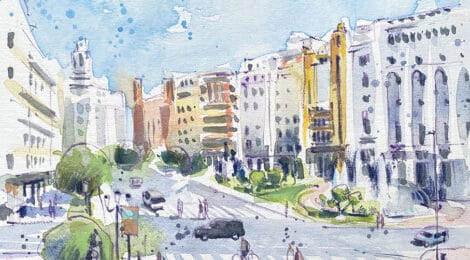 Edificis art-déco de València. Aquarel·la amb una vista de la plaça de l'Ajuntament.