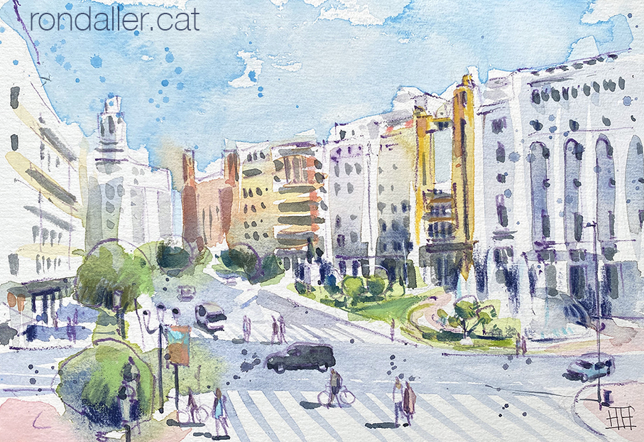 Edificis art-déco de València. Aquarel·la amb una vista de la plaça de l'Ajuntament.