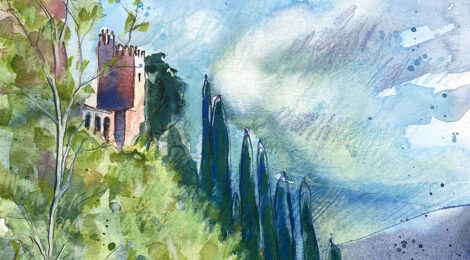 Aquarel·la amb una vista de la torre de vigilància al Castell d'Escornalbou.