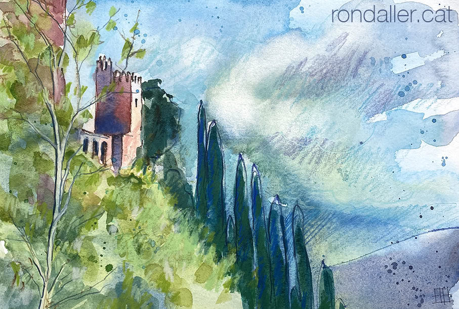 Aquarel·la amb una vista de la torre de vigilància al Castell d'Escornalbou.