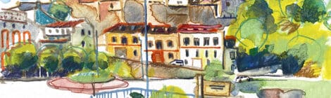 Aquarel·la amb una panoràmica de la muralla de la vila.
