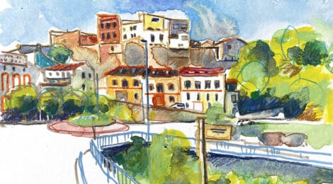 Aquarel·la amb una panoràmica de la muralla de la vila.