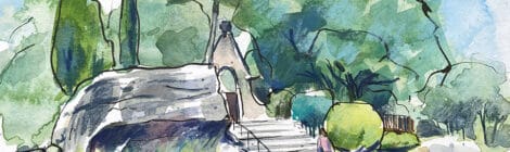 Aquarel·la amb una vista de l'entrada del cementiri d'Olius.