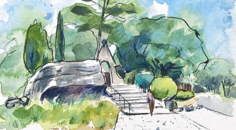 Aquarel·la amb una vista de l'entrada del cementiri d'Olius.