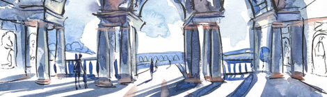 Aquarel·la amb una vista del palau Te a Màntua.