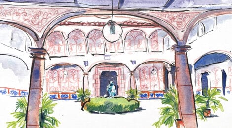 Aquarel·la amb una vista del claustre de la Casa de la Caritat.