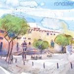 Aquarel·la amb una vista de la façana de Sant Pere de les Puel·les.