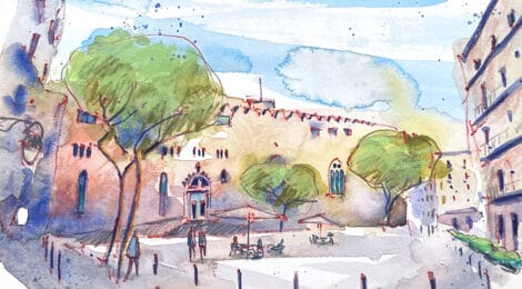 Aquarel·la amb una vista de la façana de Sant Pere de les Puel·les.