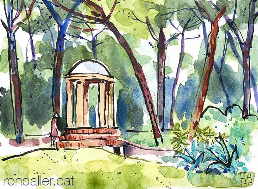 Aquarel·la amb una panoràmica d'un templet entre els arbres.