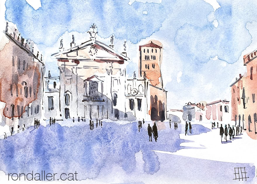 Aquarel·la amb una vista de la piazza Sordello de Màntua.