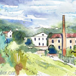 Aquarel·la amb una vista de la fàbrica i l'ermita del Catllar.