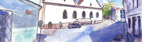 Aquarel·la amb una vista de la plaça de Betlem de Praga.