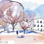 Aquarel·la amb una vista del conjunt del santuari dels Àngels.