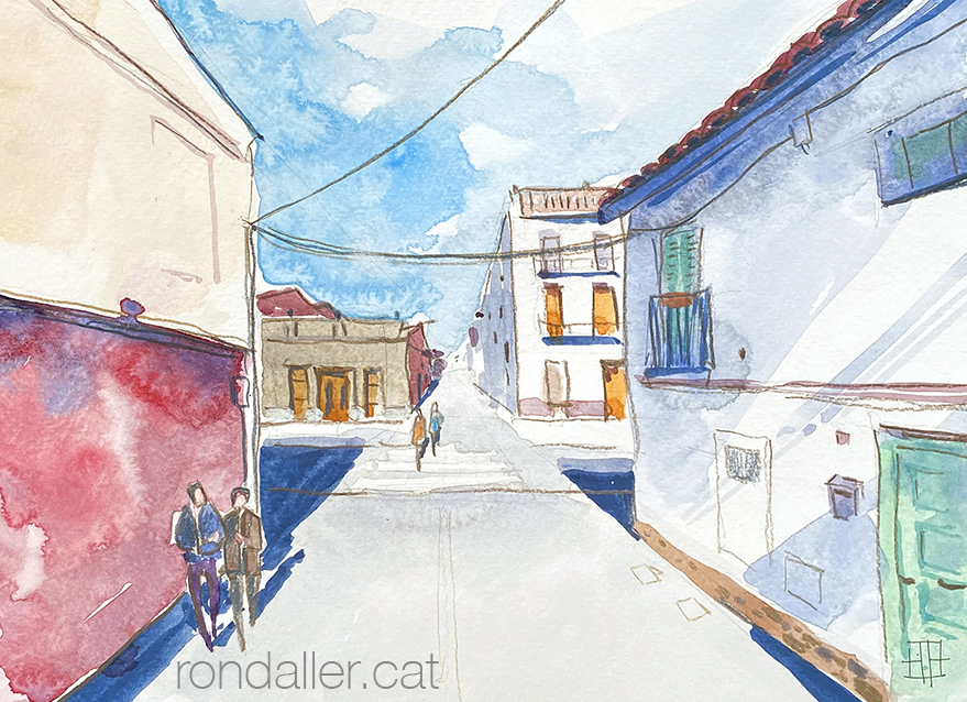 Aquarel·la amb una vista d'una cruïlla de carrers al barri del Cabanyal.