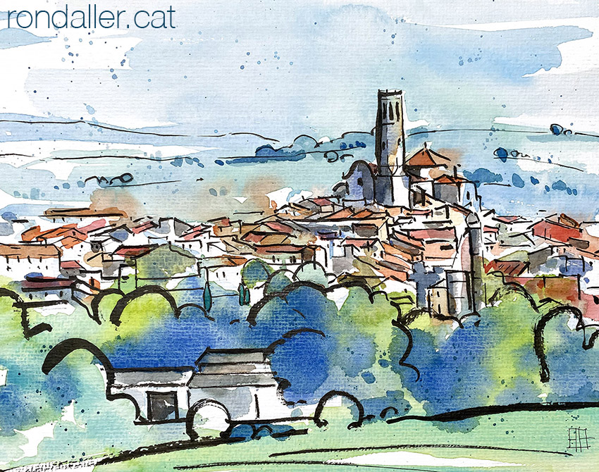 Aquarel·la amb una panoràmica de la població de Sarral.