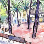 Aquarel·la amb una vista de la plaça de Trilla al barri de Gràcia de Barcelona.